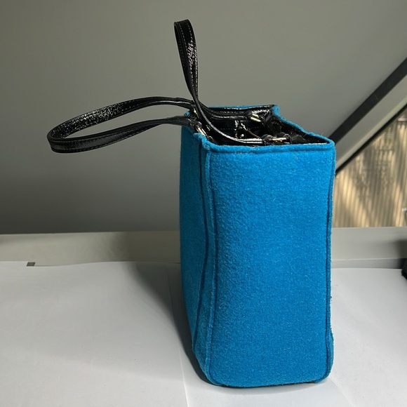 Kate Spade Teal Wool and Black Patent Leather Structured Tote Bag - Picture 3 of 11